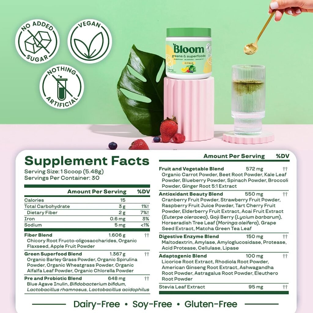 Bloom Nutrition Super Greens Powder Smoothie  Juice Mix - Probiotics for Digestive Health  Bloating Relief for Women, Digestive Enzymes with Superfoods Spirulina  Chlorella for Gut Health (Citrus)