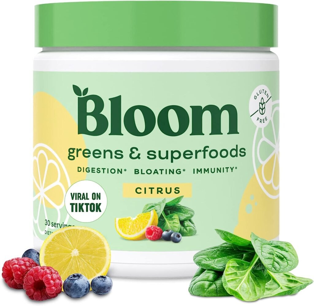 Bloom Nutrition Super Greens Powder Smoothie  Juice Mix - Probiotics for Digestive Health  Bloating Relief for Women, Digestive Enzymes with Superfoods Spirulina  Chlorella for Gut Health (Citrus)