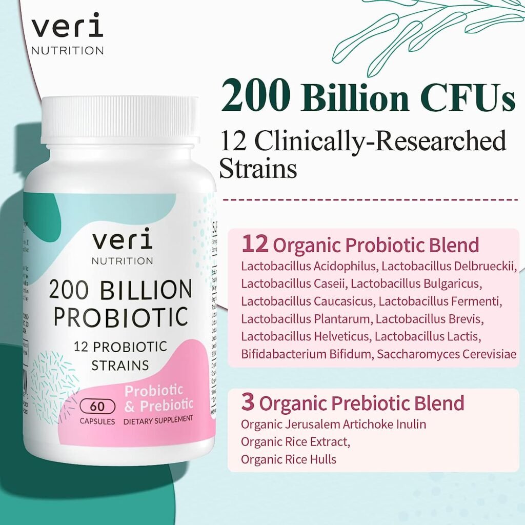 200 Billion CFUs Probiotics for Women  Men - 12 Diverse Probiotic + Organic Prebiotics, Daily Probiotics for Digestive Gut  Immune Health, Bloating, Shelf Stable - 60 Capsules (60-Day Supply)