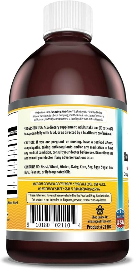 Amazing Omega Norwegian Cod Liver Oil 16 oz, 473 ml Supplement |  Extracted under strict quality standards from around the waters of Norway |  Non-GMO |  Gluten free (fresh orange flavor)