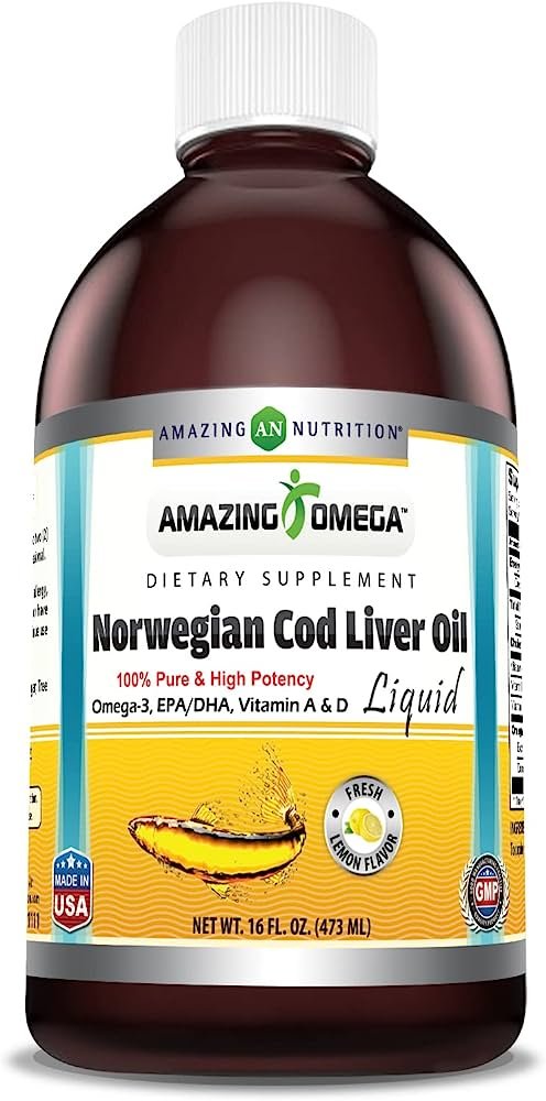 Amazing Omega Norwegian Cod Liver Oil 16 oz, 473 ml Supplement |  Extracted under strict quality standards from around the waters of Norway |  Non-GMO |  Gluten free (fresh orange flavor)