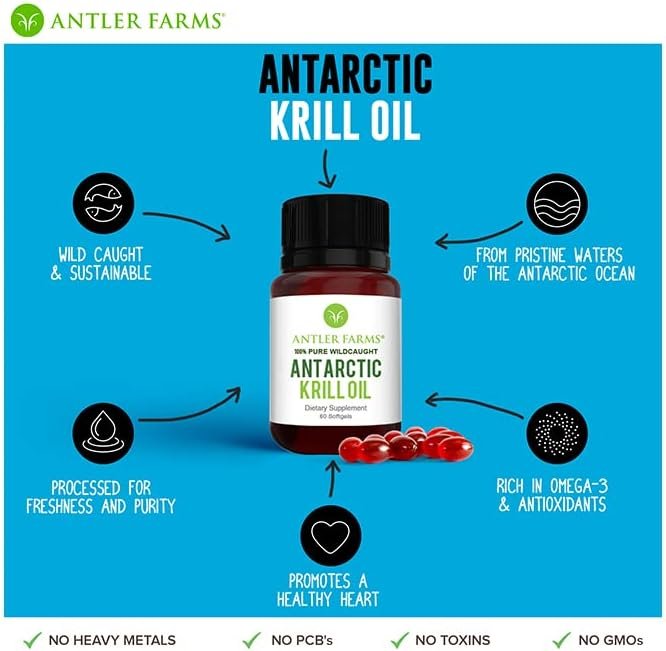 Antler Farms - 100% Pure Wild Caught Antarctic Krill Oil from Cold, Pristine Waters, 60 Softgels â Clean, Omega-3 EPA + DHA Supplement w/Astaxanthin, Rapid Absorption
