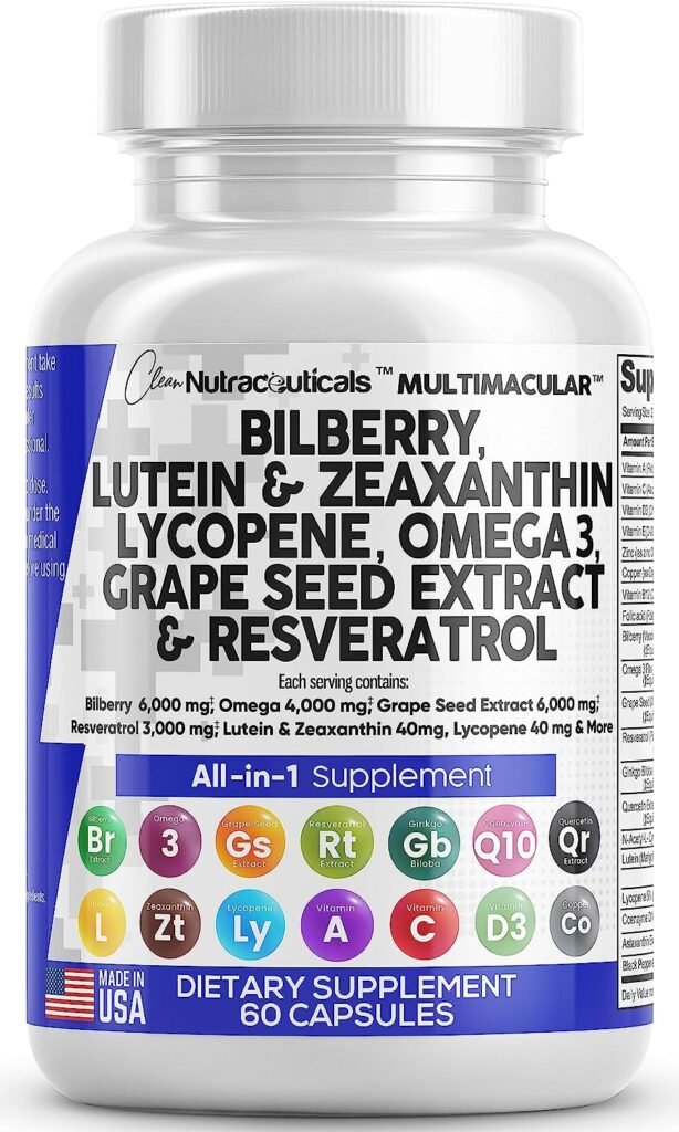 Eye Health Vitamins with Bilberry 6000mg Lutein Zeaxanthin 40mg Lycopene 40mg Resveratrol 3000mg Grape Seed Extract 6000mg Omega 3 4000mg Astaxanthin - Eye Vitamin for Vision - 60 USA Made Capsules