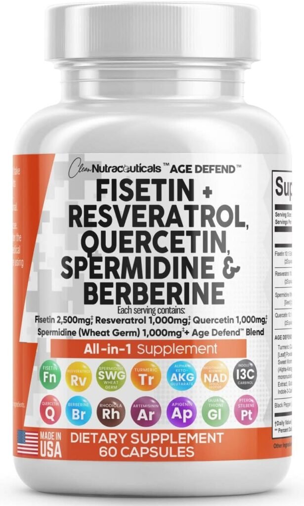 Fisetin 2500mg Quercetin 1000mg Resveratrol 1000mg with Spermidine Wheat Germ Extract 1000mg - Anti-Aging Supplement for Adults Longevity with Berberine, Collagen, Rhodiola, Apigenin