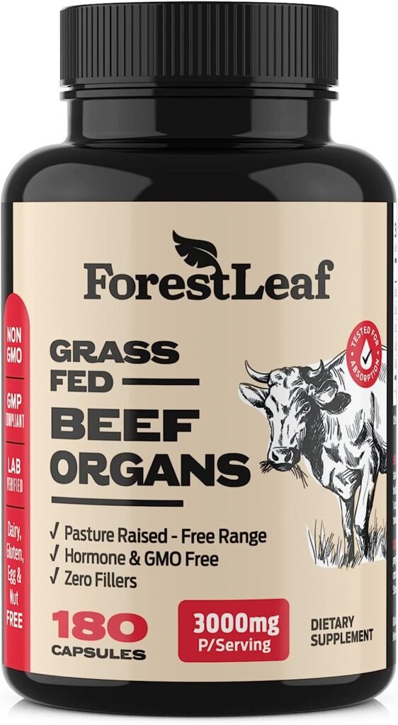 ForestLeaf Beef Organ Supplement - Grass Fed  Pasture Raised - Total Body Wellness  Performance, Organ Complex with 3000mg of Desiccated Beef Liver, Heart, Kidney, Pancreas, Spleen (180 Capsules)