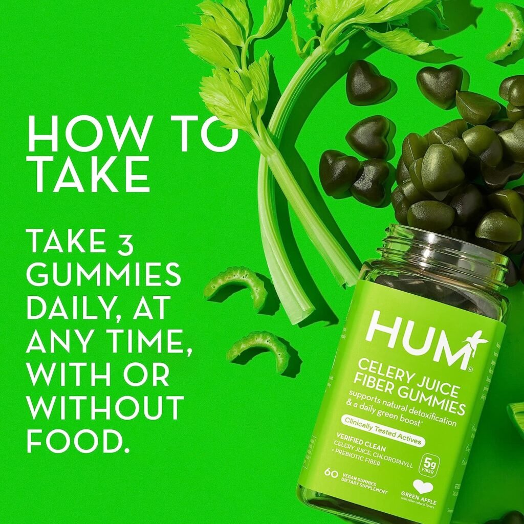HUM Celery Juice Fiber Gummies The First Celery Juice Gummy, Supports Detoxification and A Daily Green Boost with Celery Juice, Chlorophyll, and Prebiotic Fiber