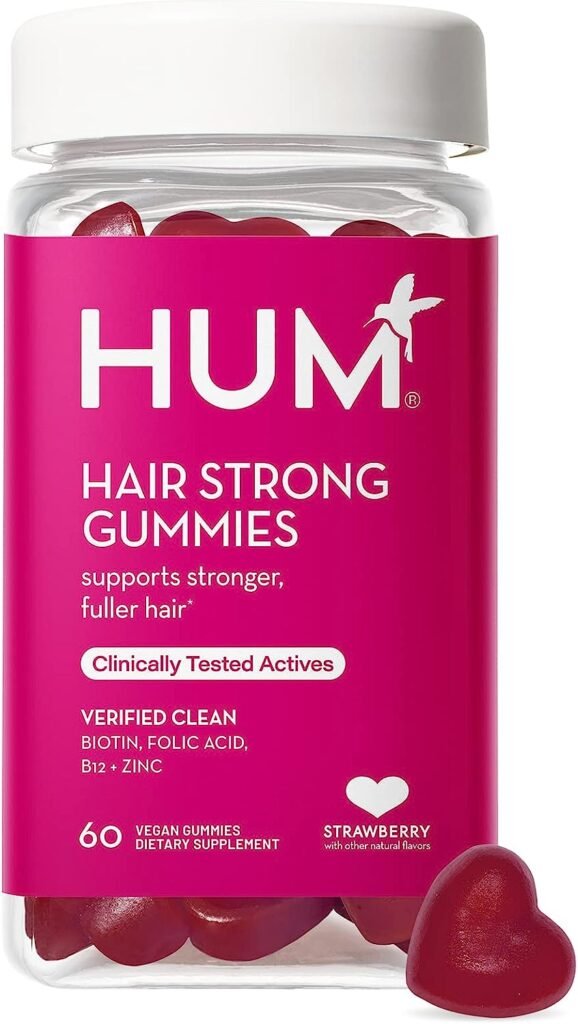 HUM Hair Strong - Daily Gummies with Biotin to Improve Hair Growth - Fo Ti, Folic Acid, Zinc, Vitamin B12  PABA to Support Healthy Hair, Skin and Nails (60 Vegan Gummies)