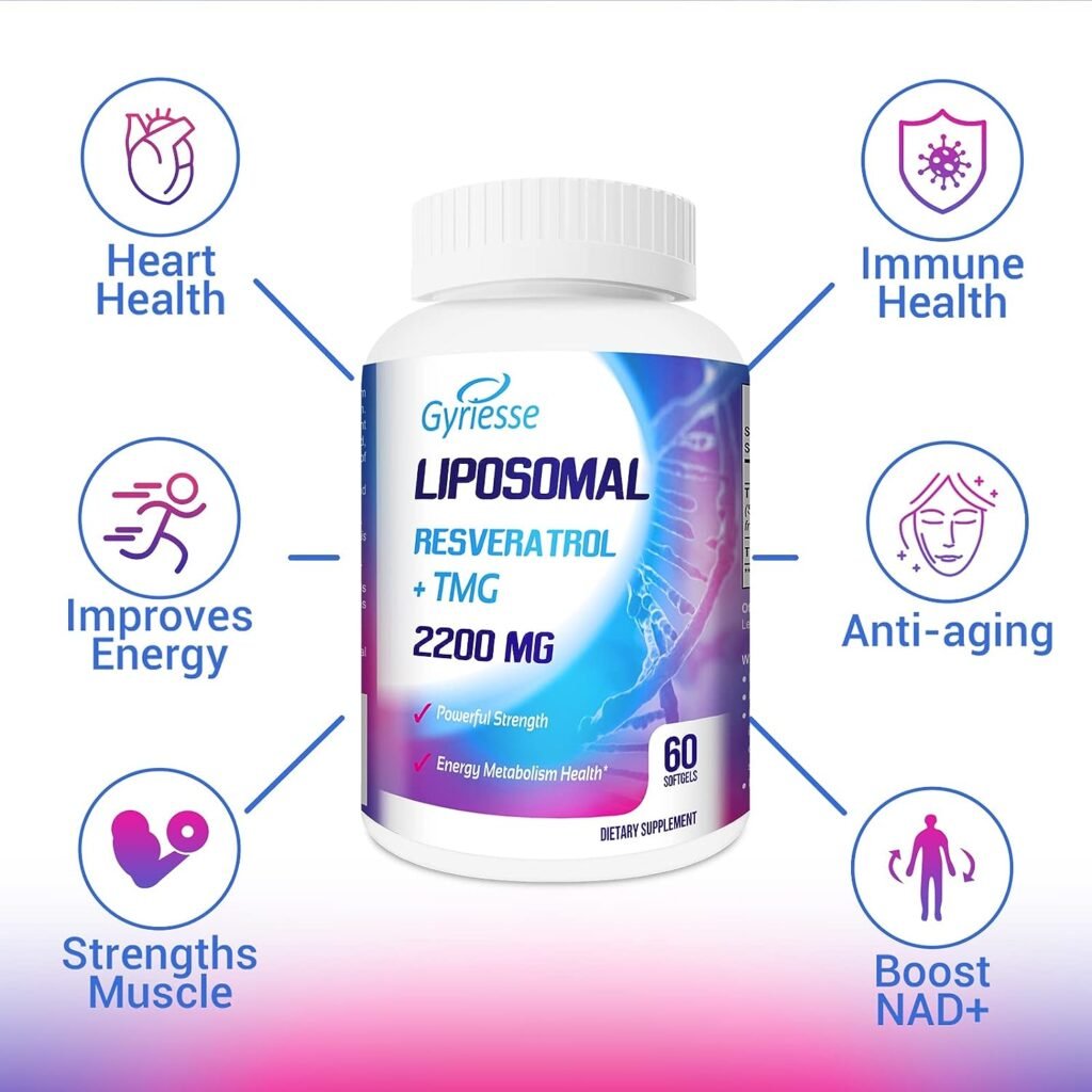 Liposomal 2200mg High Dose Softgel, Trans-Resveratrol 1700mg Plus TMG 500mg, Powerful Antioxidant for Anti-Aging, Skin Health, Cell Repair, Boost NAD+, Energy  Immune and Overall Health - 60 Softgels