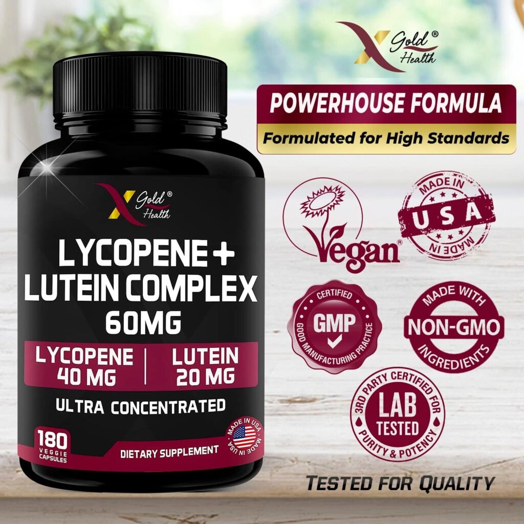 Lycopene + Lutein Supplement 60mg | Lycopene 40mg from Tomato  Lutein 20mg from Marigold Extract - 2-in-1 Ultra-Concentrated Health Supplements | Non-GMO  Gluten Free - 180 Veggie Caps Made in USA