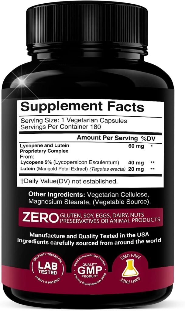 Lycopene + Lutein Supplement 60mg | Lycopene 40mg from Tomato  Lutein 20mg from Marigold Extract - 2-in-1 Ultra-Concentrated Health Supplements | Non-GMO  Gluten Free - 180 Veggie Caps Made in USA