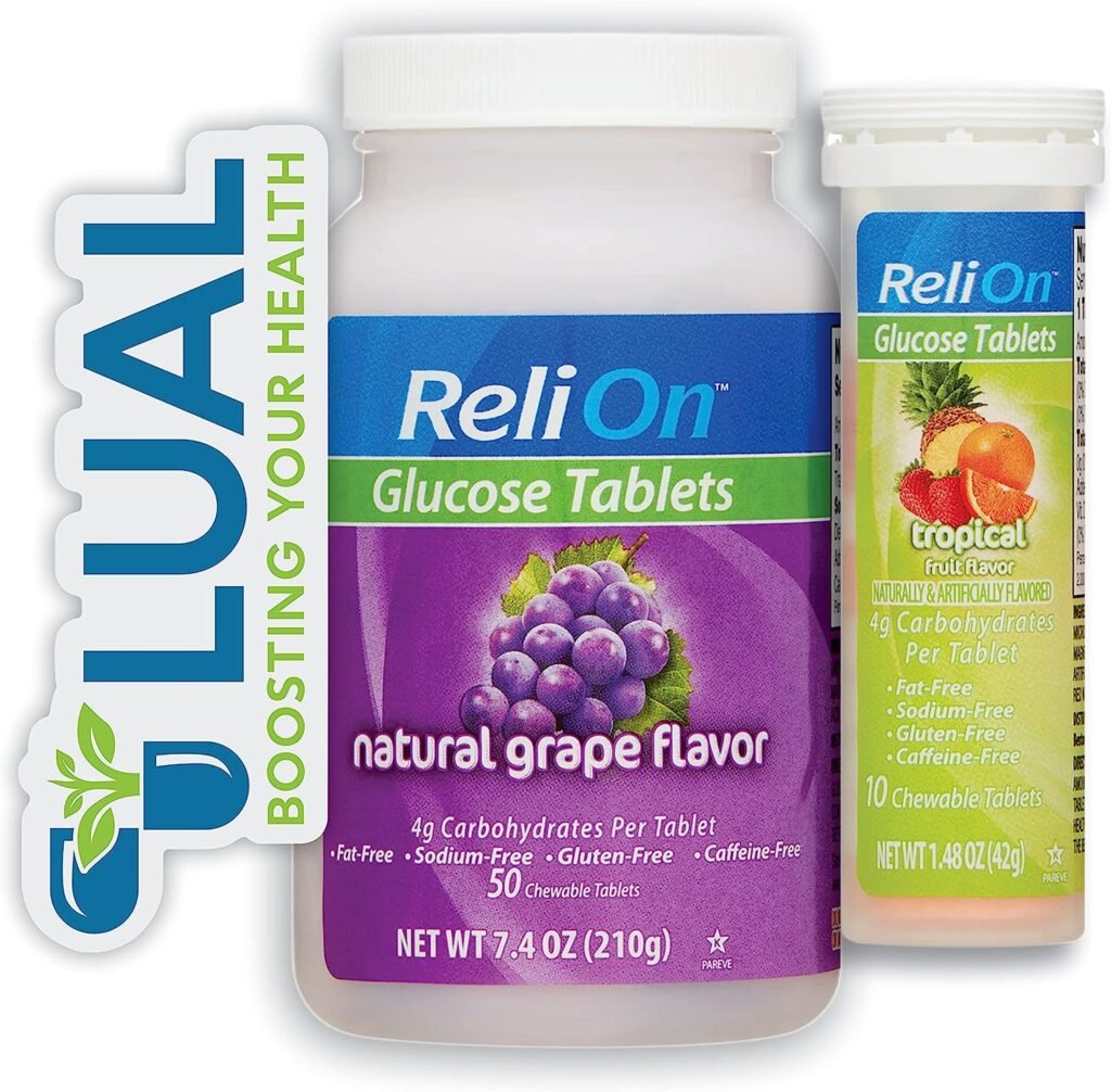 ReliOn Tropical Fruit Glucose Tablets Bundle - 50 Count Bottle and 10 Count Travel Tube - Energy Boost for Diabetes Care + Luall Sticker (Grape)