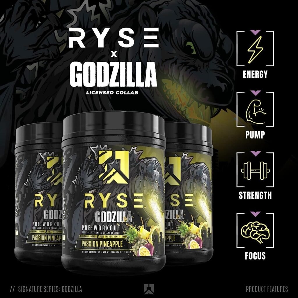 Ryse Signature Series Godzilla Pre-Entrenamiento |  Bomba, Energía, Fuerza y ​​Concentración |  citrulina, beta-alanina, cafeína |  40 Porciones (Piña Pasión)