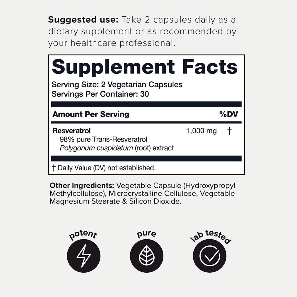 Ultra High Potency Resveratrol 1000mg - 98% Pure Trans-Resveratrol - Highly Purified and Bioavailable - Third-Party Tested Trans Resveratrol 1000mg - Resveratrol Polygonum Root Extract - 60 Capsules