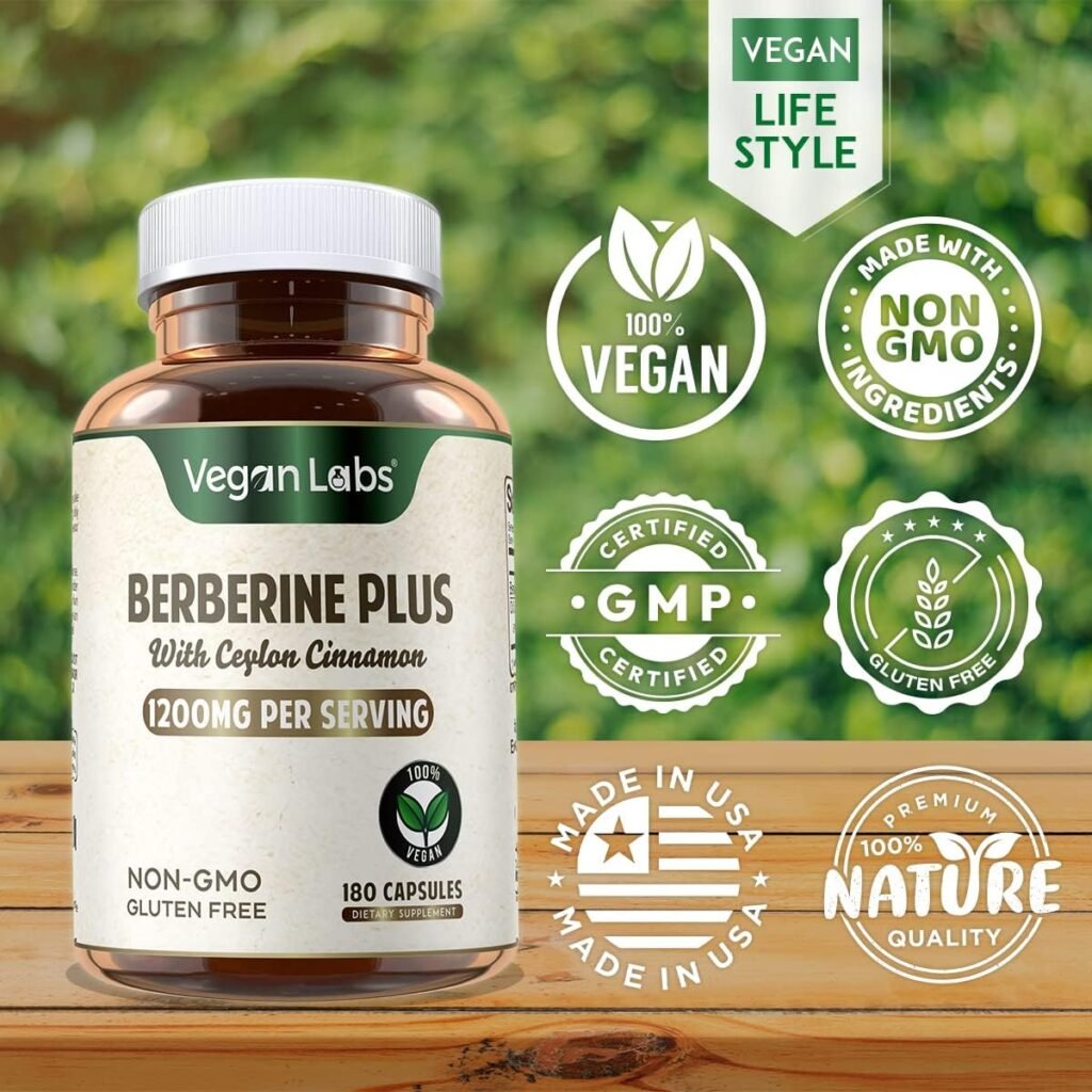 Vegan Labs Berberine HCL 1200MG with Organic Ceylon Cinnamon - 180 Vegan Capsules - Supports Glucose Metabolism & Immune System